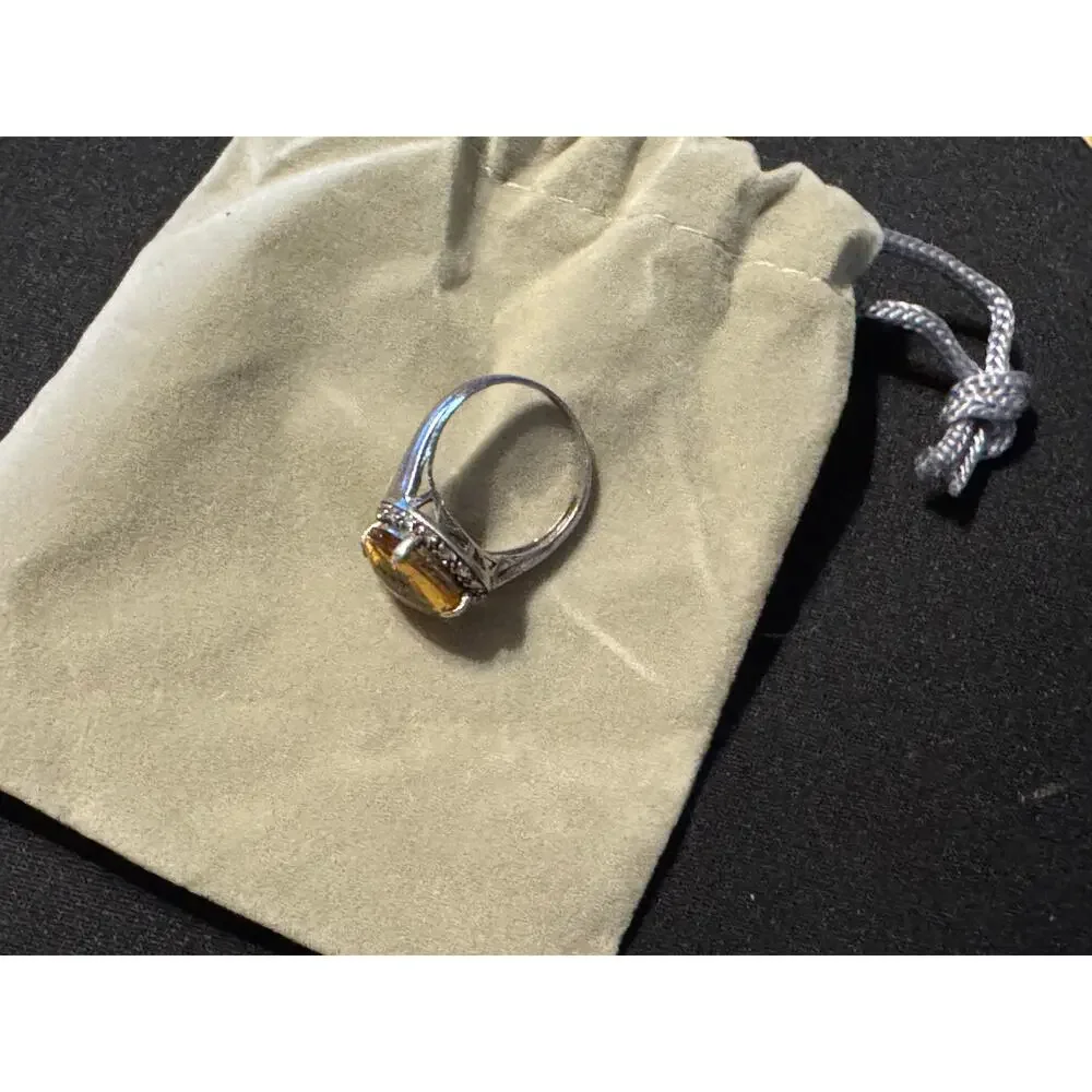 925 Silver Citrine & Diamond Faceted Stone Ring Size 7